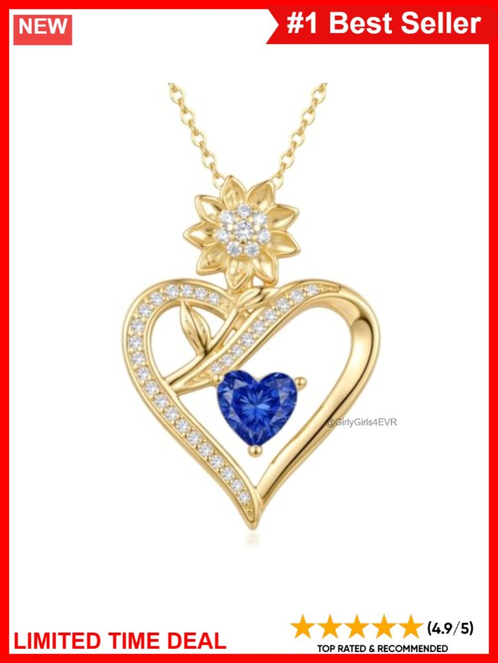 14K Gold Plated Sunflower Heart Birthstone Pendant Necklace for Women